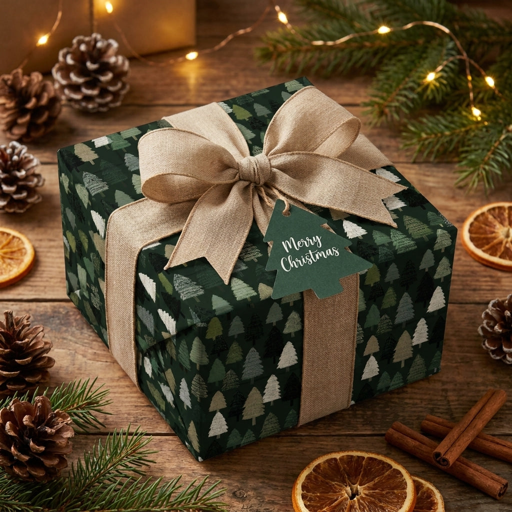 Rustic forest tree Christmas wrapping paper by Wrapped Studios with a linen bow on a cozy table.