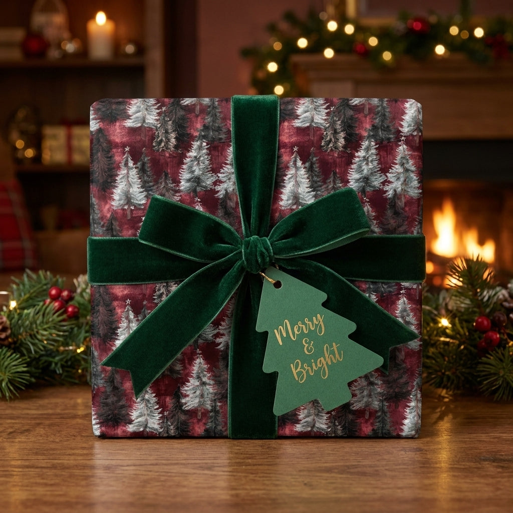 Luxury Christmas wrapping paper with red pine forest pattern and green velvet bow by Wrapped Studios.