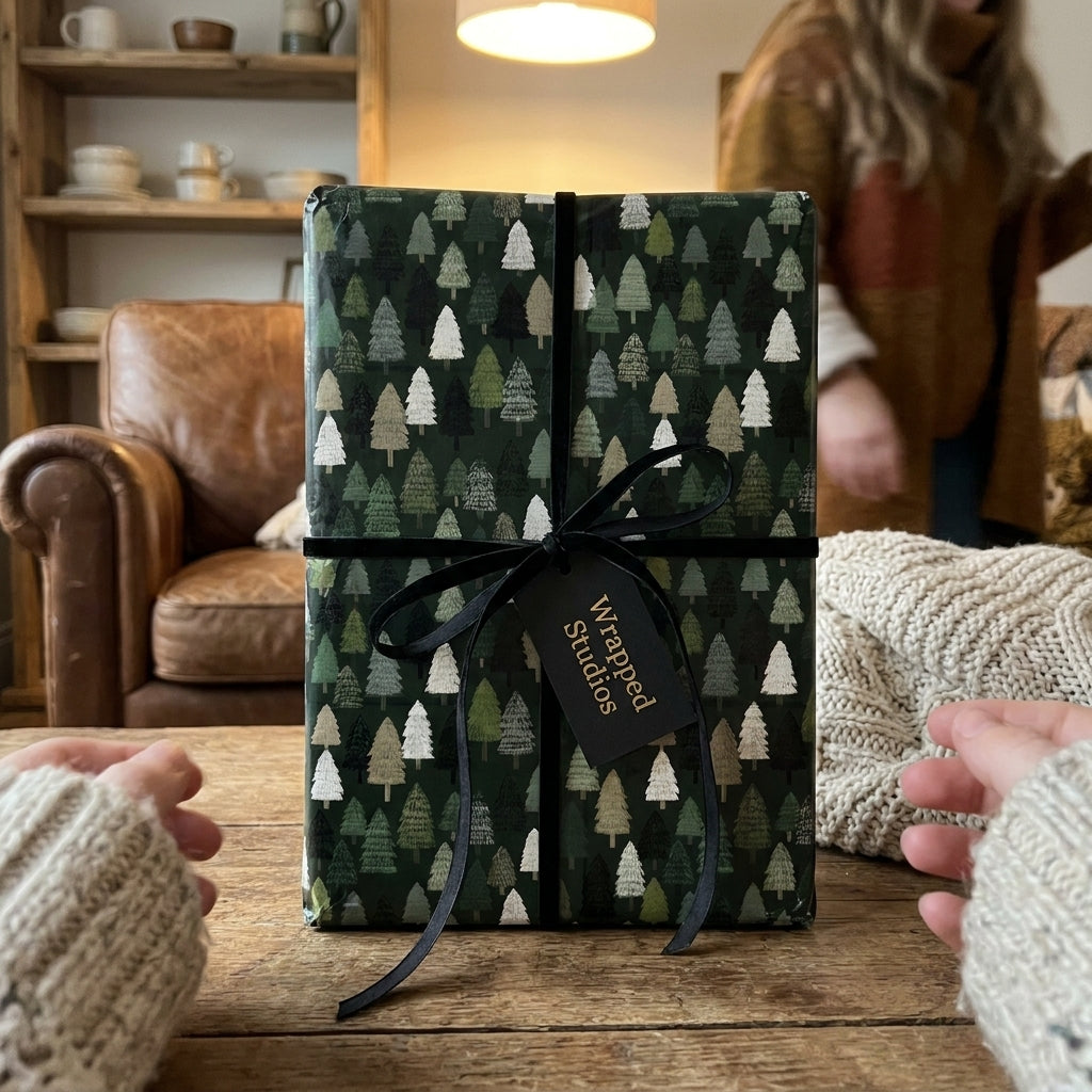 Green Christmas wrapping paper with a pine tree pattern and black ribbon by Wrapped Studios.