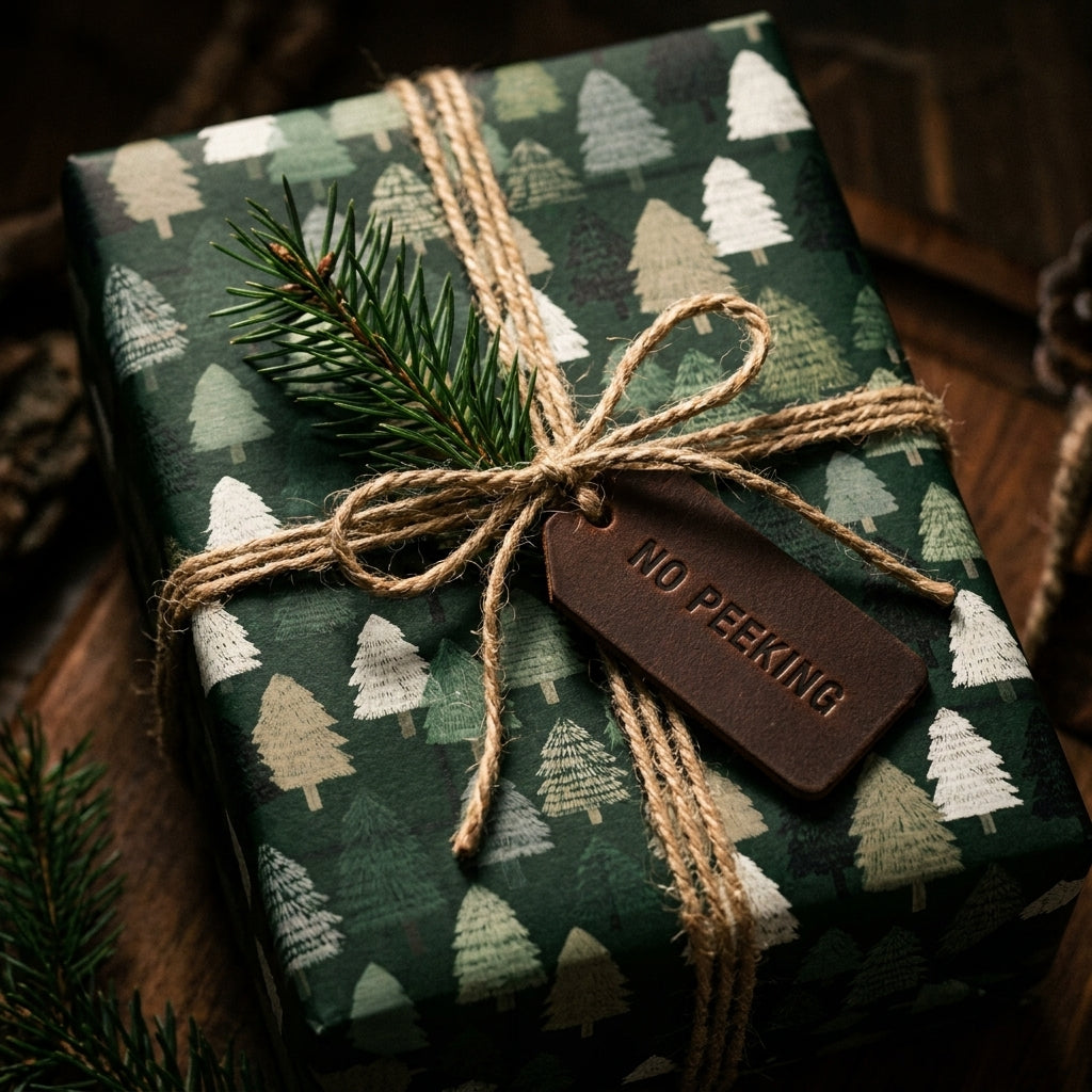 Rustic green Christmas tree wrapping paper with a forest pattern and twine bow by Wrapped Studios.