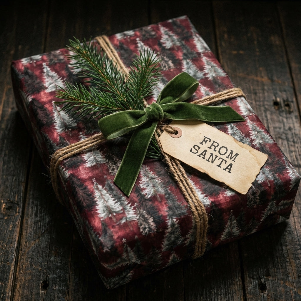 Luxury Christmas gift wrap with pine tree pattern, green velvet bow, and Santa tag by Wrapped Studios.
