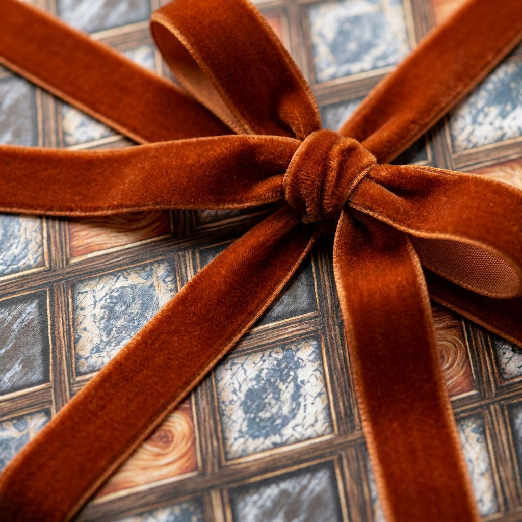 Luxury gift wrap in a vintage tile pattern with a rust velvet ribbon by Wrapped Studios.