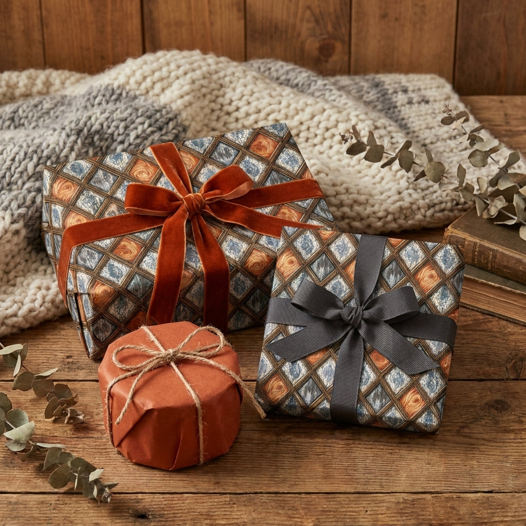 Luxury vintage wrapping paper in blue and copper diamond pattern on cozy holiday gifts by Wrapped Studios.