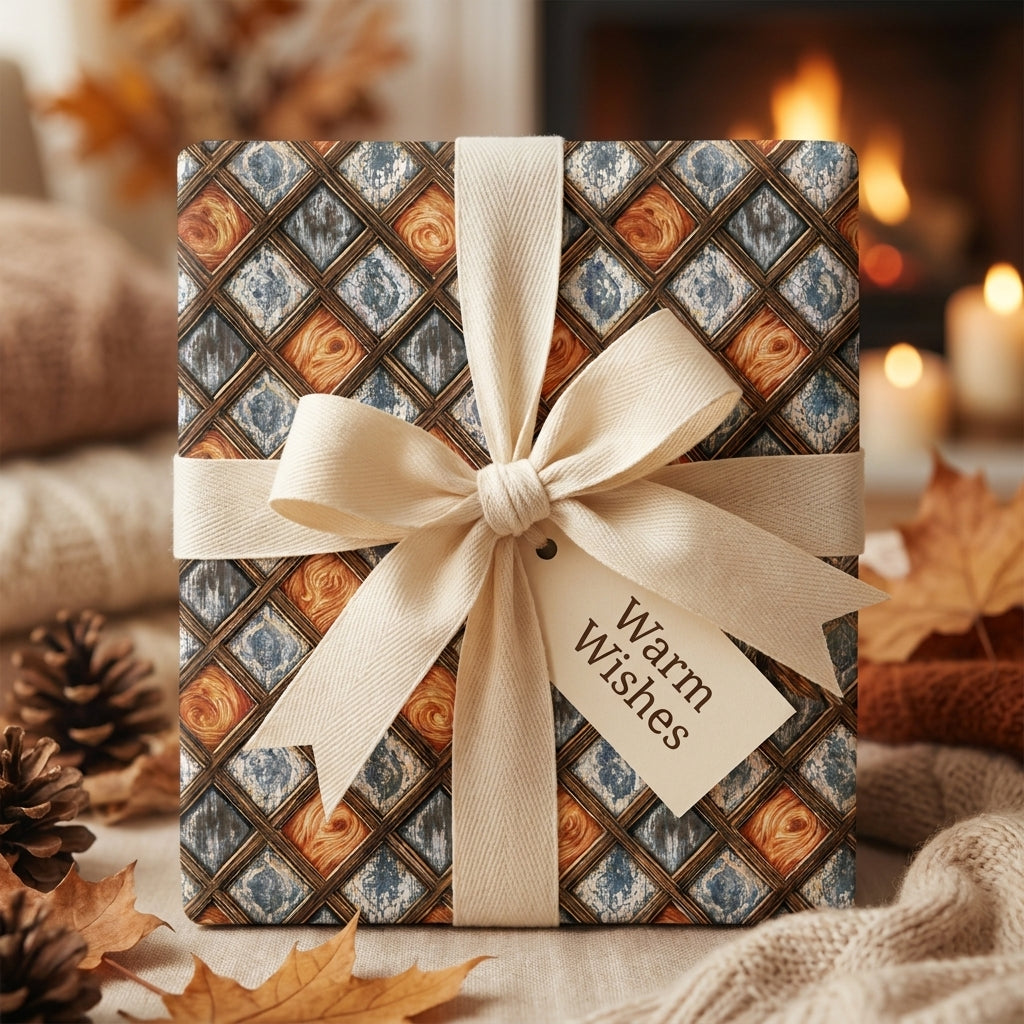 Rustic holiday wrapping paper with blue wood lattice pattern and cream bow by Wrapped Studios.