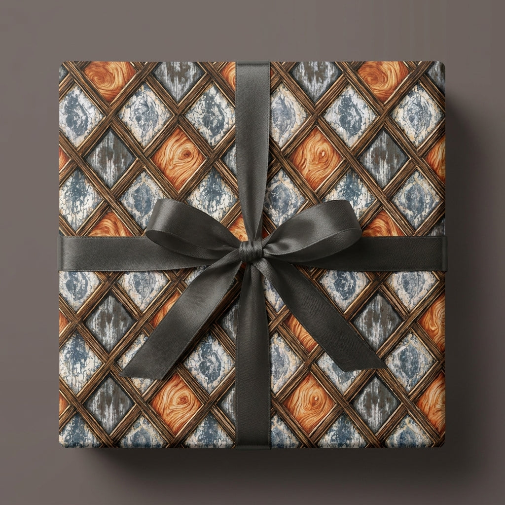 Rustic wood grain and stone trellis wrapping paper with a black satin bow by Wrapped Studios.