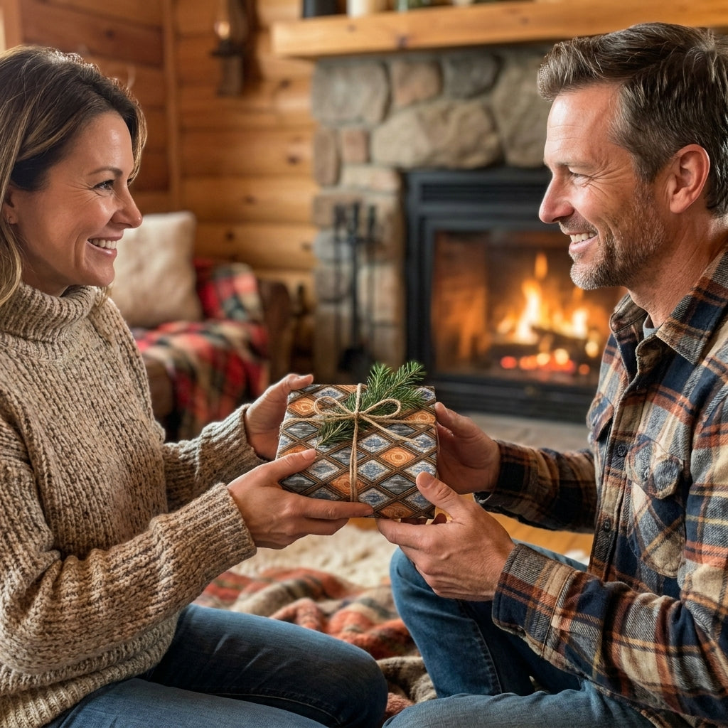 Couple exchanging a present in rustic Christmas gift wrap by a cozy fireplace. Wrapped Studios.