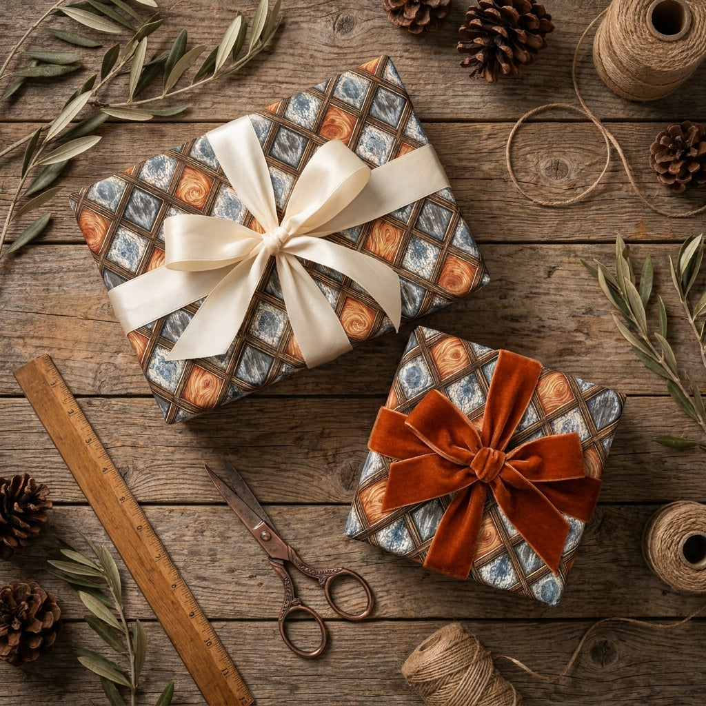Rustic vintage wrapping paper on holiday gifts with velvet bows by Wrapped Studios.