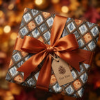 Rustic autumn wrapping paper with a wood pattern and copper ribbon by Wrapped Studios.