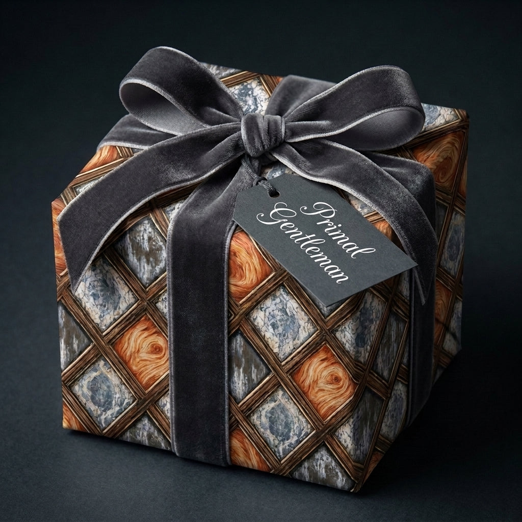 Masculine luxury gift wrap with a wood and stone diamond pattern and grey velvet bow, by Wrapped Studios.