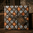 Rustic Father's Day wrapping paper with wood grain diamond design and twine bow, by Wrapped Studios.