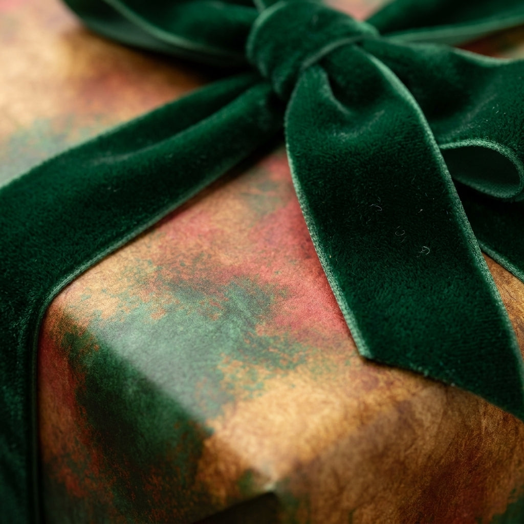 Luxury holiday wrapping paper in a vintage gold and green pattern with a velvet bow, by Wrapped Studios.
