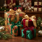 Luxury Christmas gift wrap with elegant gold and green velvet bows on holiday presents by Wrapped Studios.