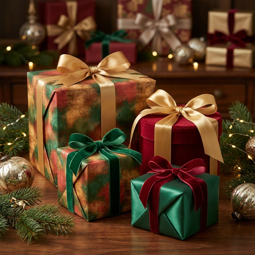 Luxury Christmas gift wrap with elegant gold and green velvet bows on holiday presents by Wrapped Studios.