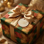 Luxury green and gold Christmas wrapping paper with a satin bow and Wrapped Studios gift tag.