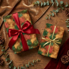 Rustic green and red watercolor Christmas wrapping paper with luxury ribbons by Wrapped Studios.