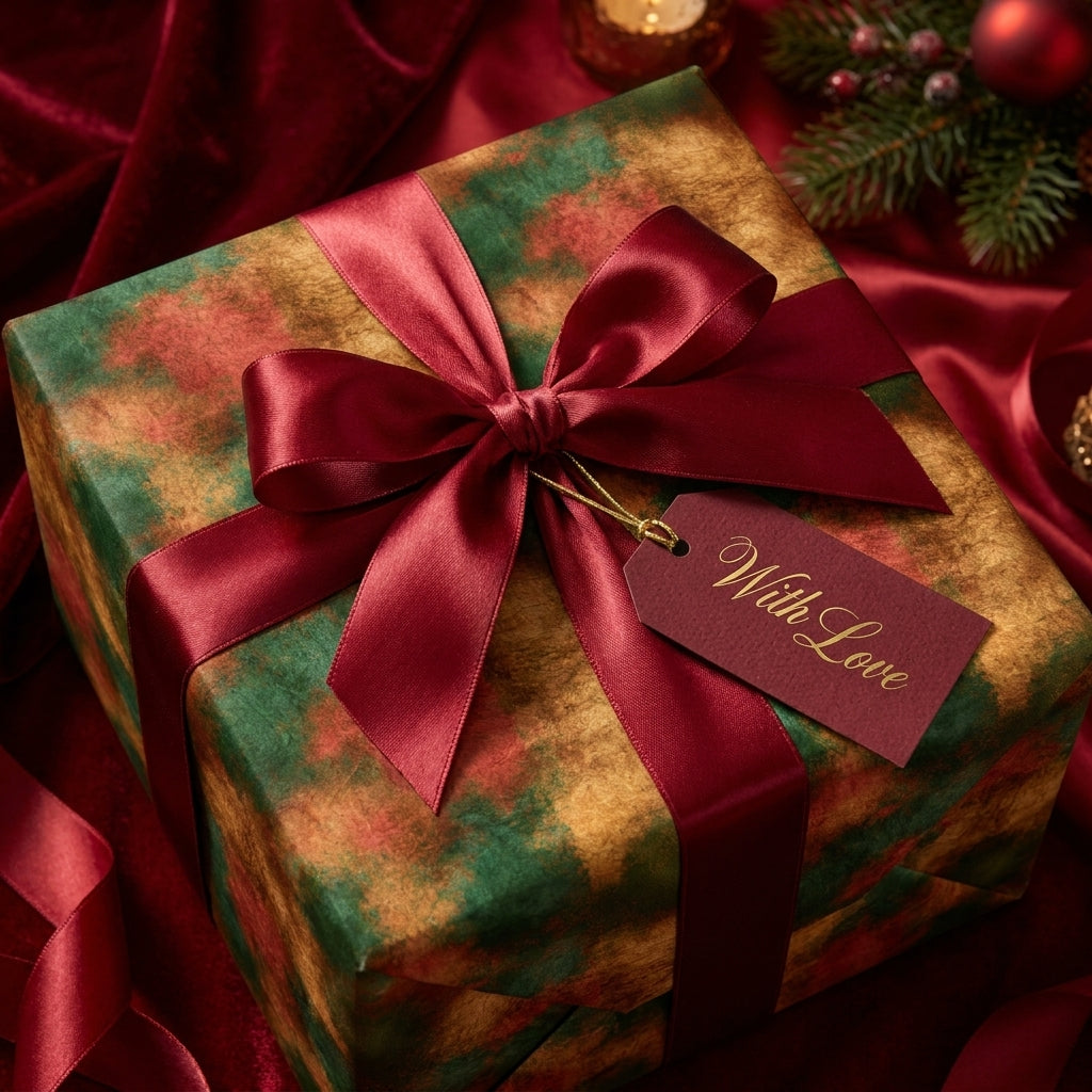 Vintage Christmas wrapping paper in green and gold with a red satin bow by Wrapped Studios.
