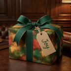 Luxury green and gold Christmas wrapping paper with a green ribbon and Joy tag by Wrapped Studios.