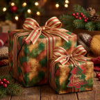 Vintage Christmas gift wrap with rustic green and gold pattern and striped bows by Wrapped Studios.