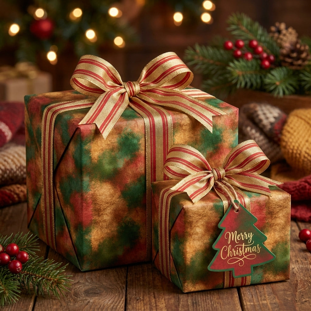 Vintage Christmas gift wrap with rustic green and gold pattern and striped bows by Wrapped Studios.