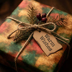 Rustic Christmas wrapping paper in green and red with a twine bow, pine sprig, and tag by Wrapped Studios.