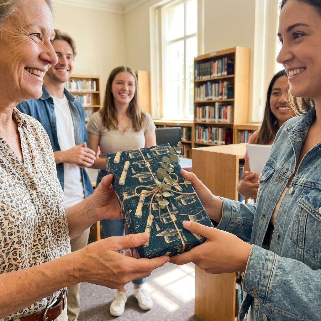 Graduate receives a gift in navy and gold graduation wrapping paper by Wrapped Studios.