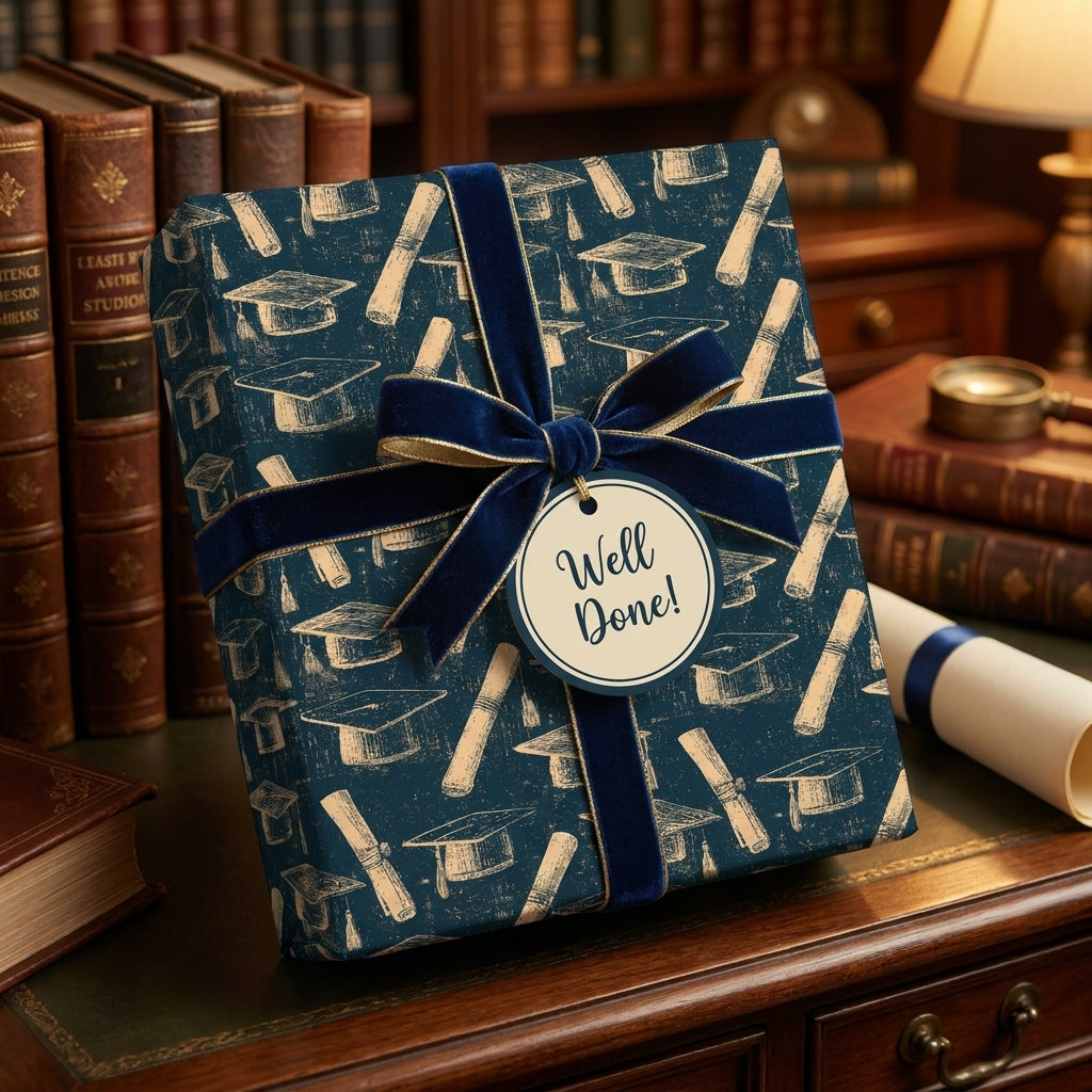 Blue graduation wrapping paper with caps and scrolls, featuring a luxury velvet bow by Wrapped Studios.