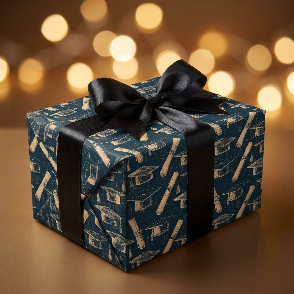 Navy and gold graduation wrapping paper with a black satin bow, luxury gift wrap by Wrapped Studios.