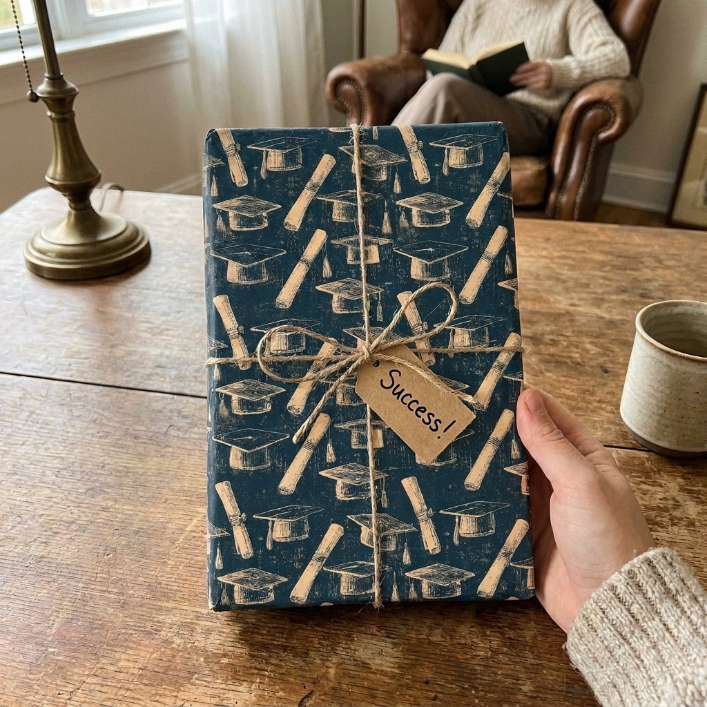 Navy blue graduation wrapping paper with vintage cap and diploma pattern from Wrapped Studios.
