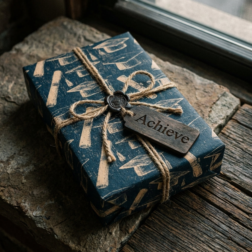 Navy blue graduation wrapping paper with gold caps and diplomas, tied with twine by Wrapped Studios.