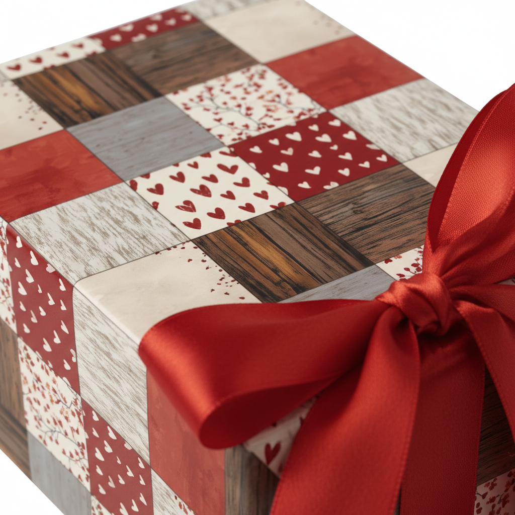 Red and white patchwork heart pattern gift box with a satin red ribbon, perfect for rustic Valentine's Day or anniversary gift wrap.