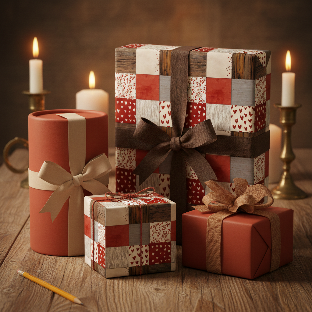 Rustic holiday gifts on a wooden table with candlelight, featuring patchwork and solid red wrapping paper with natural bows.