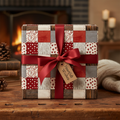 Rustic Christmas patchwork wrapping paper with hearts, deep red ribbon, and "Heartfelt Wishes" tag, on a wooden table by a fireplace.