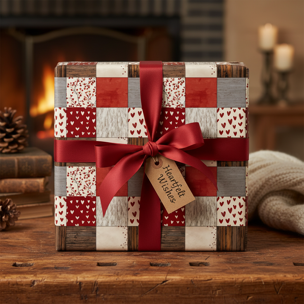 Rustic Christmas patchwork wrapping paper with hearts, deep red ribbon, and "Heartfelt Wishes" tag, on a wooden table by a fireplace.