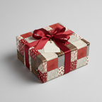 Luxury patchwork heart wrapping paper with a red ribbon and gift tag, perfect for romantic, Valentine's, or anniversary gifts.