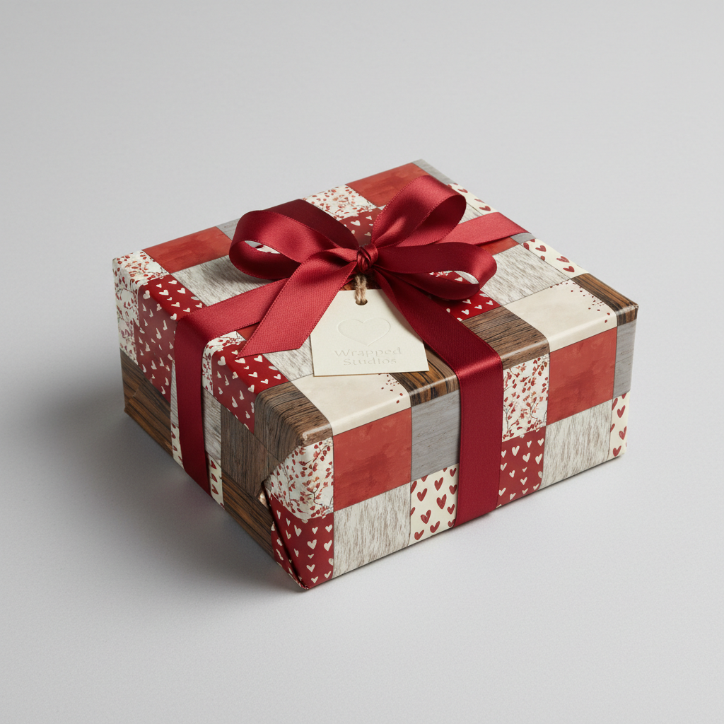 Luxury patchwork heart wrapping paper with a red ribbon and gift tag, perfect for romantic, Valentine's, or anniversary gifts.