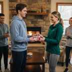 Man gifting a small Christmas present wrapped in festive red and white polka dot paper with a striped ribbon to a woman, in a cozy living room.