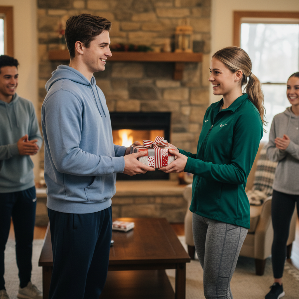 Man gifting a small Christmas present wrapped in festive red and white polka dot paper with a striped ribbon to a woman, in a cozy living room.