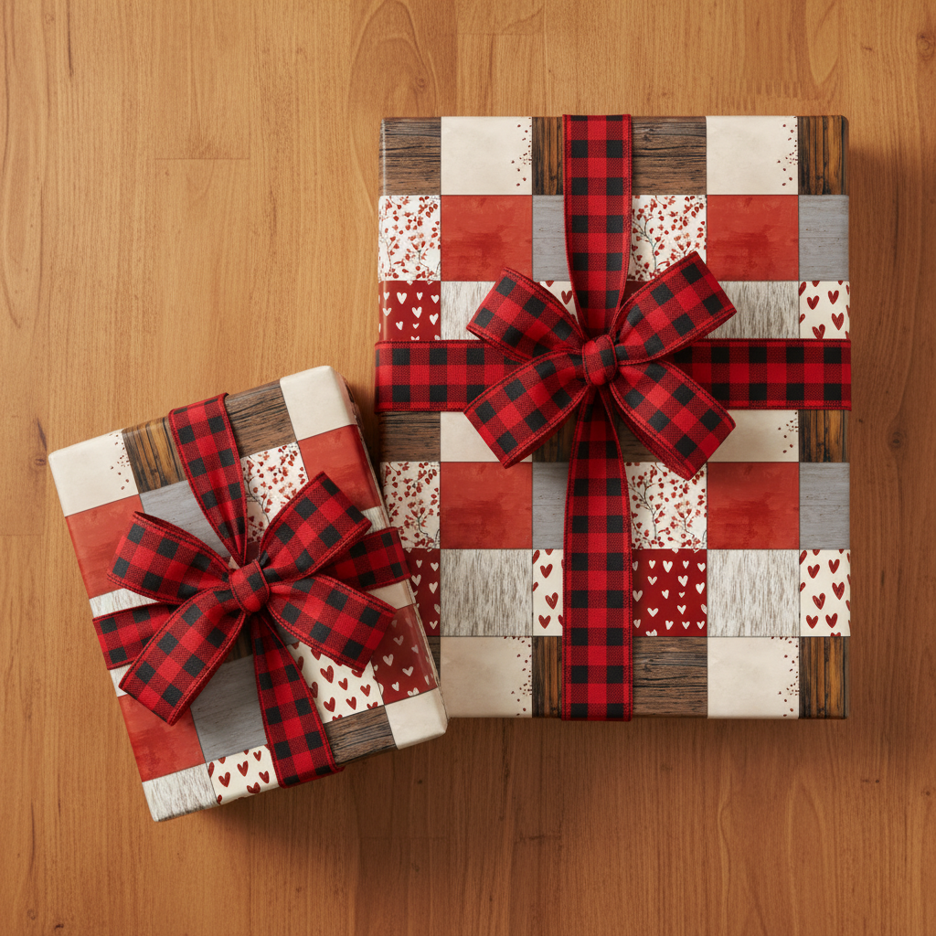 Rustic buffalo plaid patchwork wrapping paper with red ribbon and bow, perfect for farmhouse Christmas or Valentine's Day gifts.