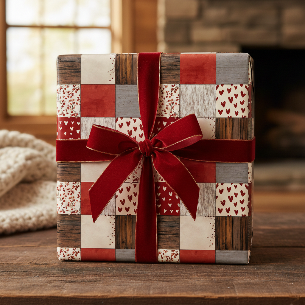 Rustic patchwork wrapping paper with hearts, wood grain, and red accents, tied with a luxurious red velvet ribbon, perfect for Valentine's Day or a cozy winter gift.