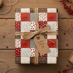 Rustic, farmhouse-style wrapping paper with red and white hearts, floral accents, burlap ribbon, and a "For You Always" gift tag on a wooden table.