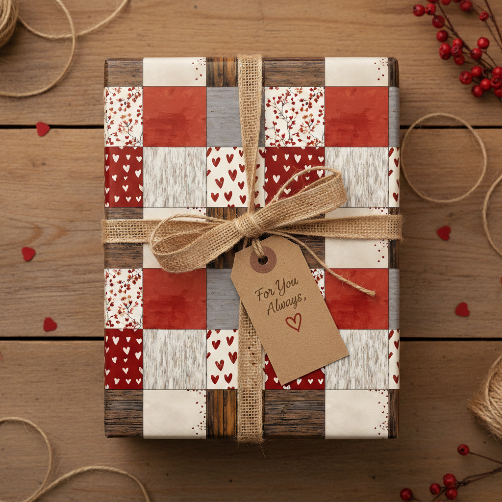 Rustic, farmhouse-style wrapping paper with red and white hearts, floral accents, burlap ribbon, and a "For You Always" gift tag on a wooden table.