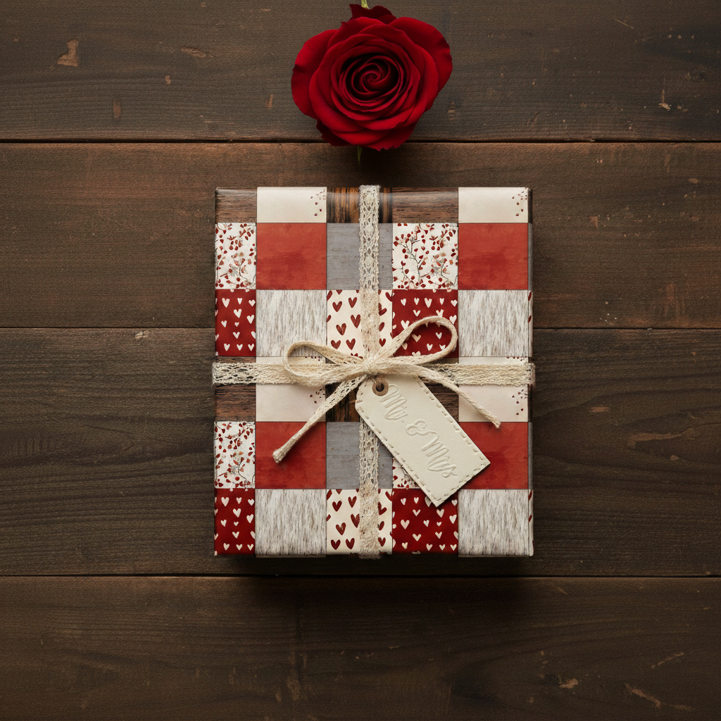 Elegant red and white patchwork wedding gift wrap with hearts and a "Mr. & Mrs." tag, tied with lace ribbon on a rustic wood background with a single red rose.