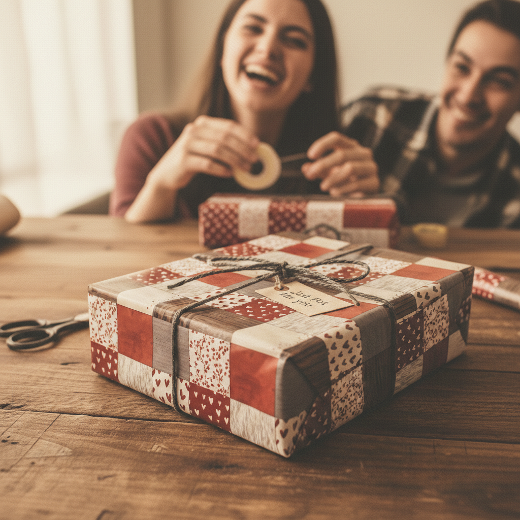 Romantic red and white patchwork wrapping paper with a "Just For You" tag, perfect for a vintage-style birthday or anniversary gift.