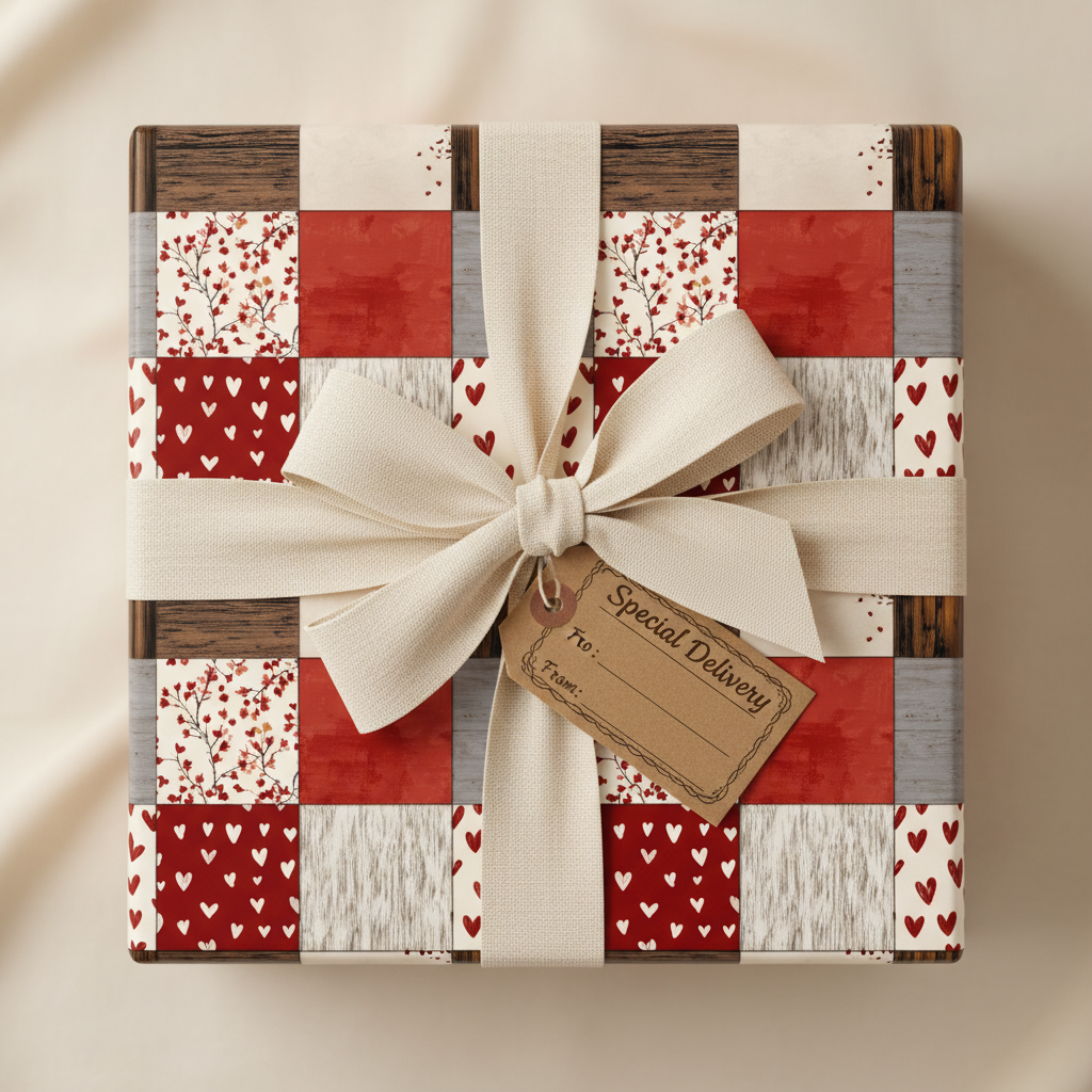 Rustic patchwork heart and floral wrapping paper with red, cream, and wood patterns, tied with a cream ribbon and gift tag for a special delivery.