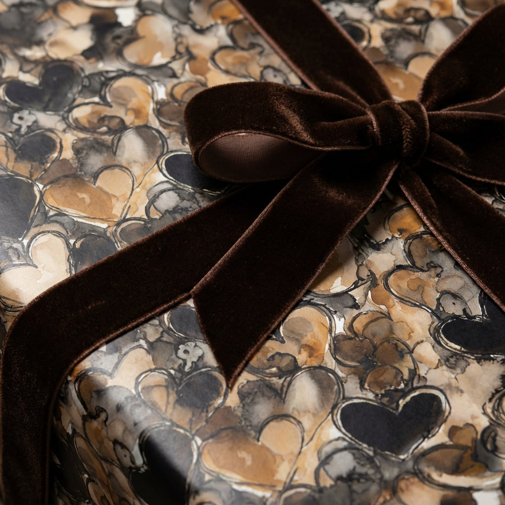 Elegant gift wrapped in heart print paper, finished with a velvet chocolate brown bow from Wrapped Studios.