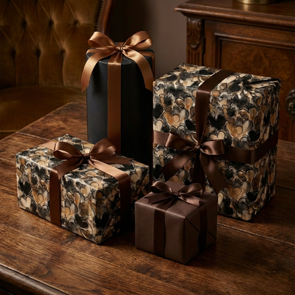 Elegant gifts wrapped in luxury heart-patterned & solid wrapping paper with bronze satin ribbons from Wrapped Studios.