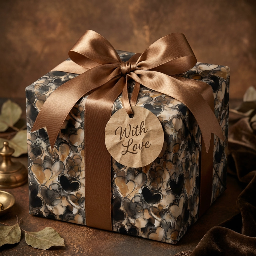 Elegant luxury gift wrap, featuring a heart pattern and satin ribbon with 'With Love' gift tag.