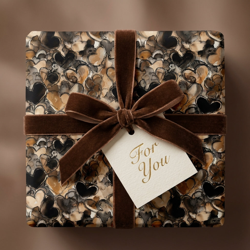 Heart patterned wrapping paper with velvet ribbon by Wrapped Studios.