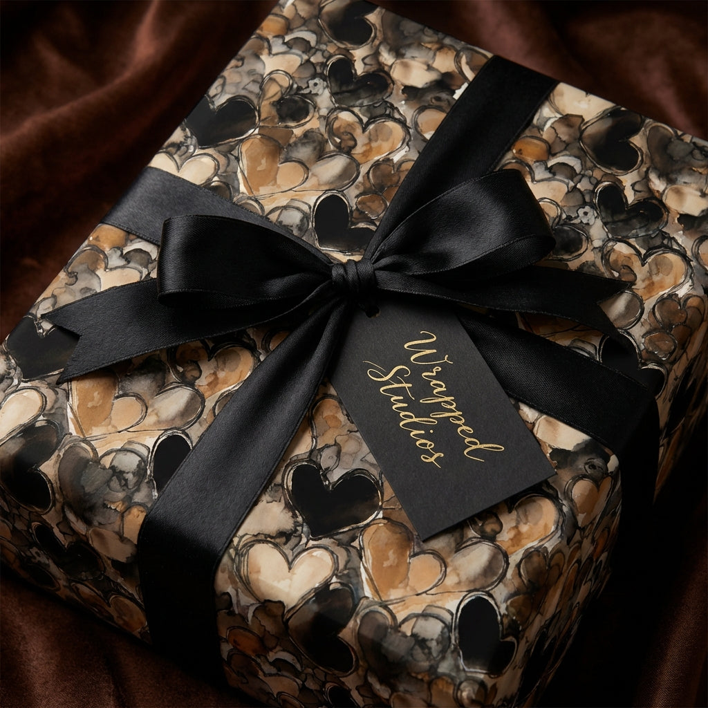 Wrapped Studios heart patterned gift wrap with a black ribbon and tag.