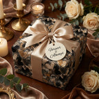 Elegant heart-patterned gift wrap with satin ribbon and "Forever & Always" tag; perfect wedding or anniversary gift.